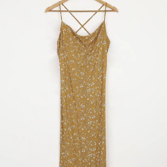 NWT Lulus Would Be Love Dark Mustard Floral Print Maxi Slip Dress - Picture 6 of 11